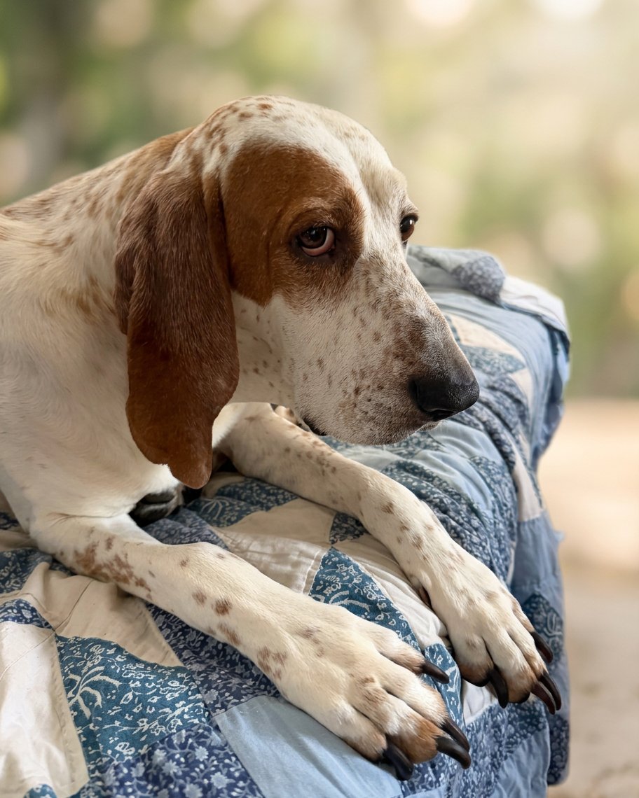 Pocket, a white and tan Porcelaine with long ears, resting his chin on a patchwork quilt